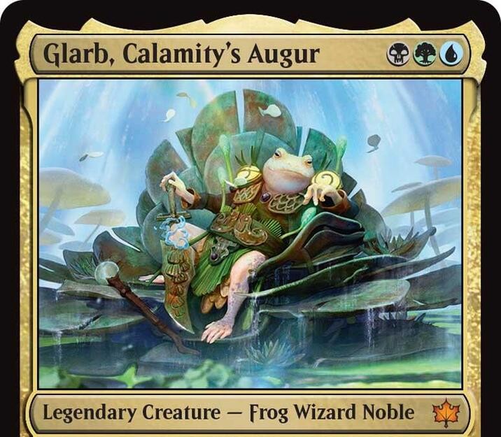 Glarb, Calamity's Augur. An albino frog lounging on a throne of lily pads.